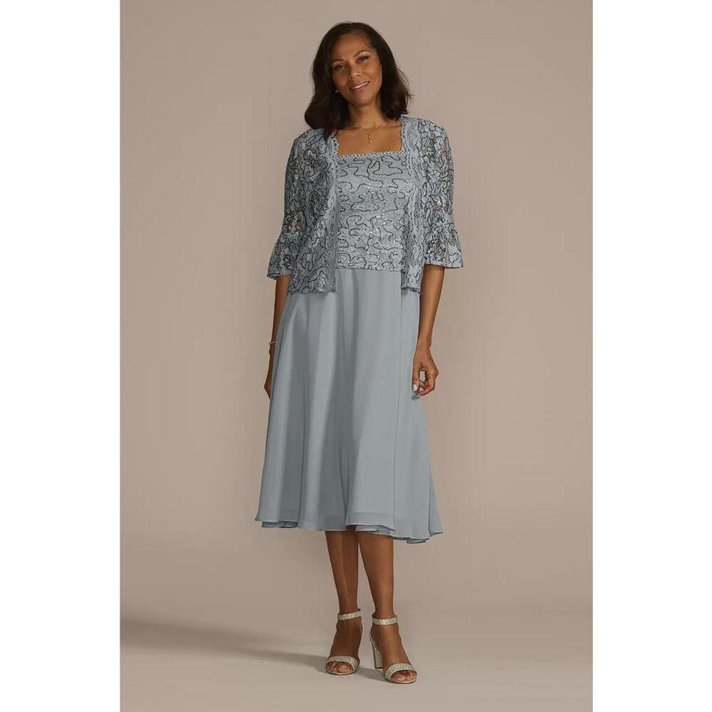 LE BOS Women's Tea Length Sequin Lace and Chiffon Jacket Dress Size 14